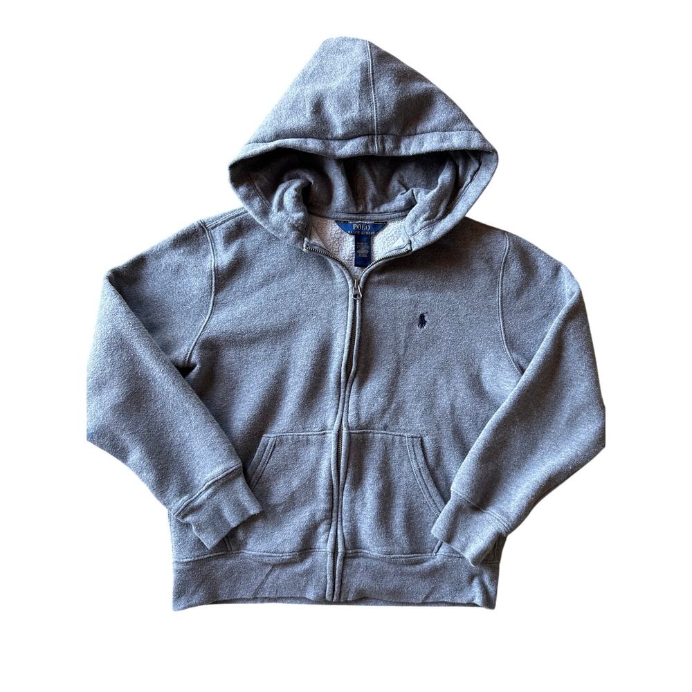 Polo Ralph Lauren Heather Gray Youth M Full Zip Navy Pony Logo Hoodie Jacket